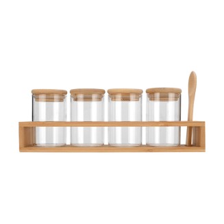 Δοχεία Μπαχαρικών Σετ 5 Τεμαχίων Estia 27x6.5x12.5cm Γύαλινα Με Βάση Bamboo Και Κουτάλι 01-28206