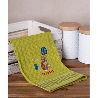 Σετ 12 Τεμ. Ποτηρόπανα Γκοφρέ 50x70 Silk Fashion Πράσινο Γάτα Corfu