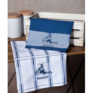 Σετ 2 Τεμ. Ποτηρόπανα 50x70 Silk Fashion Μπλέ Φάρος Rhodes