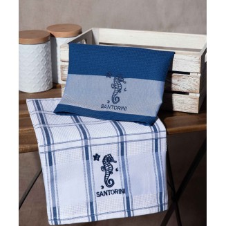 Σετ 2 Τεμ. Ποτηρόπανα 50x70 Silk Fashion Μπλέ Ιππόκαμπος Santorini