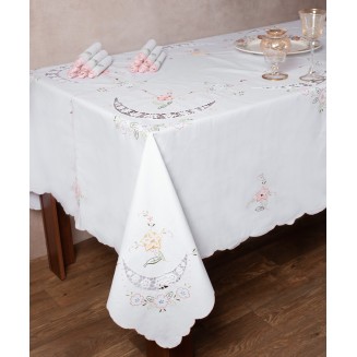 Χειροποίητο Τραπεζομάντηλο Με 12 Πετσέτες 165x250 Silk Fashion A152 Λευκό