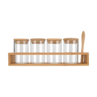 Δοχεία Μπαχαρικών Σετ 5 Τεμαχίων Estia 27x6.5x12.5cm Γύαλινα Με Βάση Bamboo Και Κουτάλι 01-28206