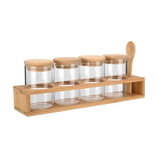 Δοχεία Μπαχαρικών Σετ 5 Τεμαχίων Estia 27x6.5x12.5cm Γύαλινα Με Βάση Bamboo Και Κουτάλι 01-28206