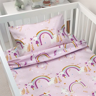 Σεντόνια Σετ Bebe Κούνιας 120x180 Lino Rainbow Gallop Pink