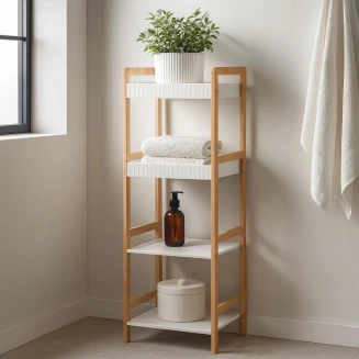 Ραφιέρα Μπάνιου με 4 Ράφια από Bamboo & MDF Natural-White MRShome