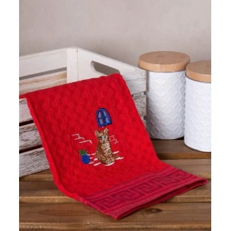 Σετ 12 Τεμ. Ποτηρόπανα Γκοφρέ 50x70 Silk Fashion Κόκκινο Γάτα Corfu