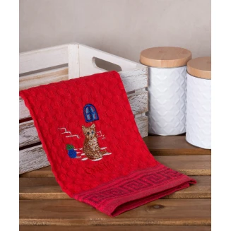 Σετ 12 Τεμ. Ποτηρόπανα Γκοφρέ 50x70 Silk Fashion Κόκκινο Γάτα Creta