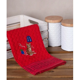 Σετ 12 Τεμ. Ποτηρόπανα Γκοφρέ 50x70 Silk Fashion Κόκκινο Γάτα Kos