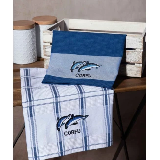 Σετ 2 Τεμ. Ποτηρόπανα 50x70 Silk Fashion Μπλέ Δελφίνι Corfu