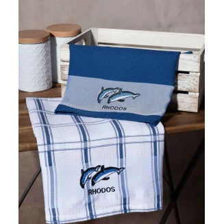 Σετ 2 Τεμ. Ποτηρόπανα 50x70 Silk Fashion Μπλέ Δελφίνι Rhodes