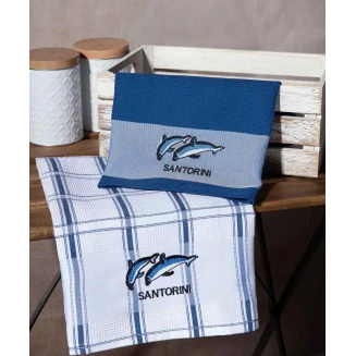 Σετ 2 Τεμ. Ποτηρόπανα 50x70 Silk Fashion Μπλέ Δελφίνι Santorini