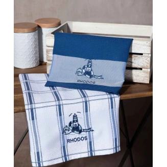 Σετ 2 Τεμ. Ποτηρόπανα 50x70 Silk Fashion Μπλέ Φάρος Rhodes