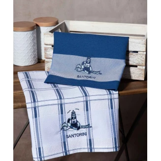 Σετ 2 Τεμ. Ποτηρόπανα 50x70 Silk Fashion Μπλέ Φάρος Santorini