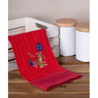 Σετ 12 Τεμ. Ποτηρόπανα Γκοφρέ 50x70 Silk Fashion Κόκκινο Γάτα Rhodes