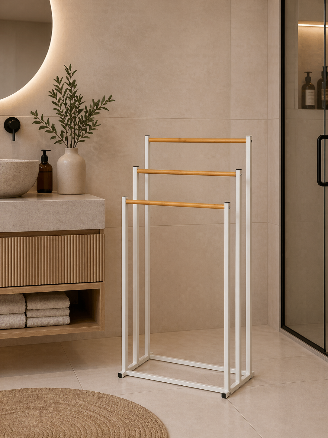Επιδαπέδια Κρεμάστρα 3 Θέσεων Μεταλλική με Bamboo 45x23x85cm White/Natural MRShome