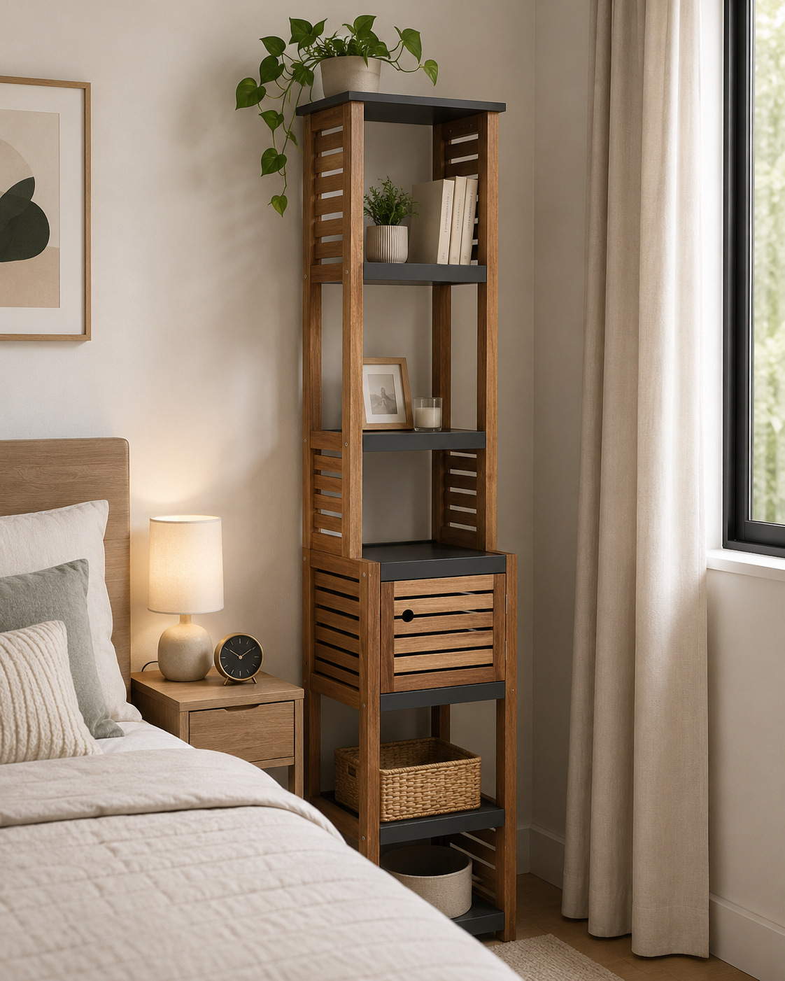 Έπιπλο MDF/Ακακία με 1 Ντουλαπάκι και 5 Ράφια Αποθήκευσης Γκρι/Καφέ 38.5x30x170cm MRShome