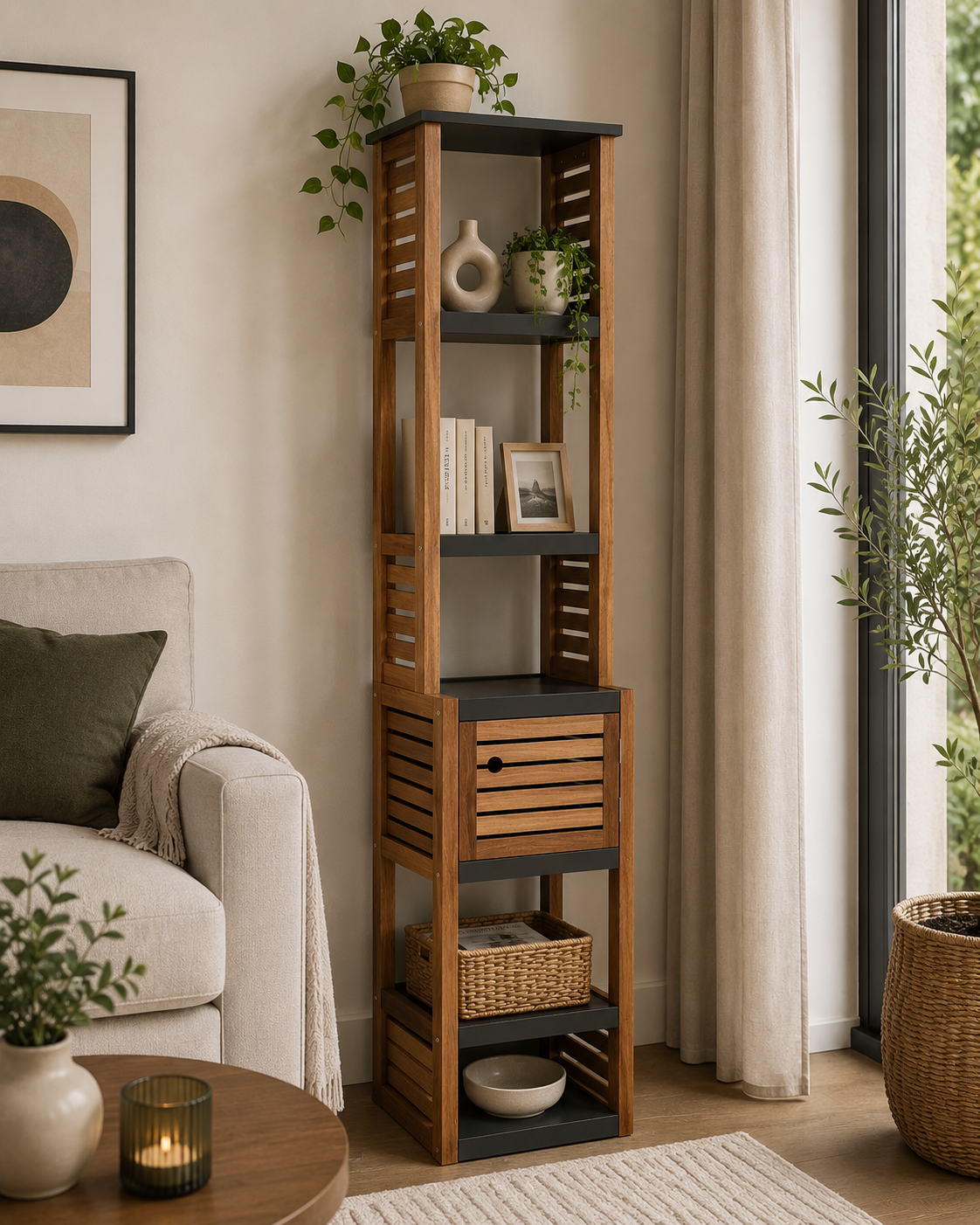 Έπιπλο MDF/Ακακία με 1 Ντουλαπάκι και 5 Ράφια Αποθήκευσης Γκρι/Καφέ 38.5x30x170cm MRShome
