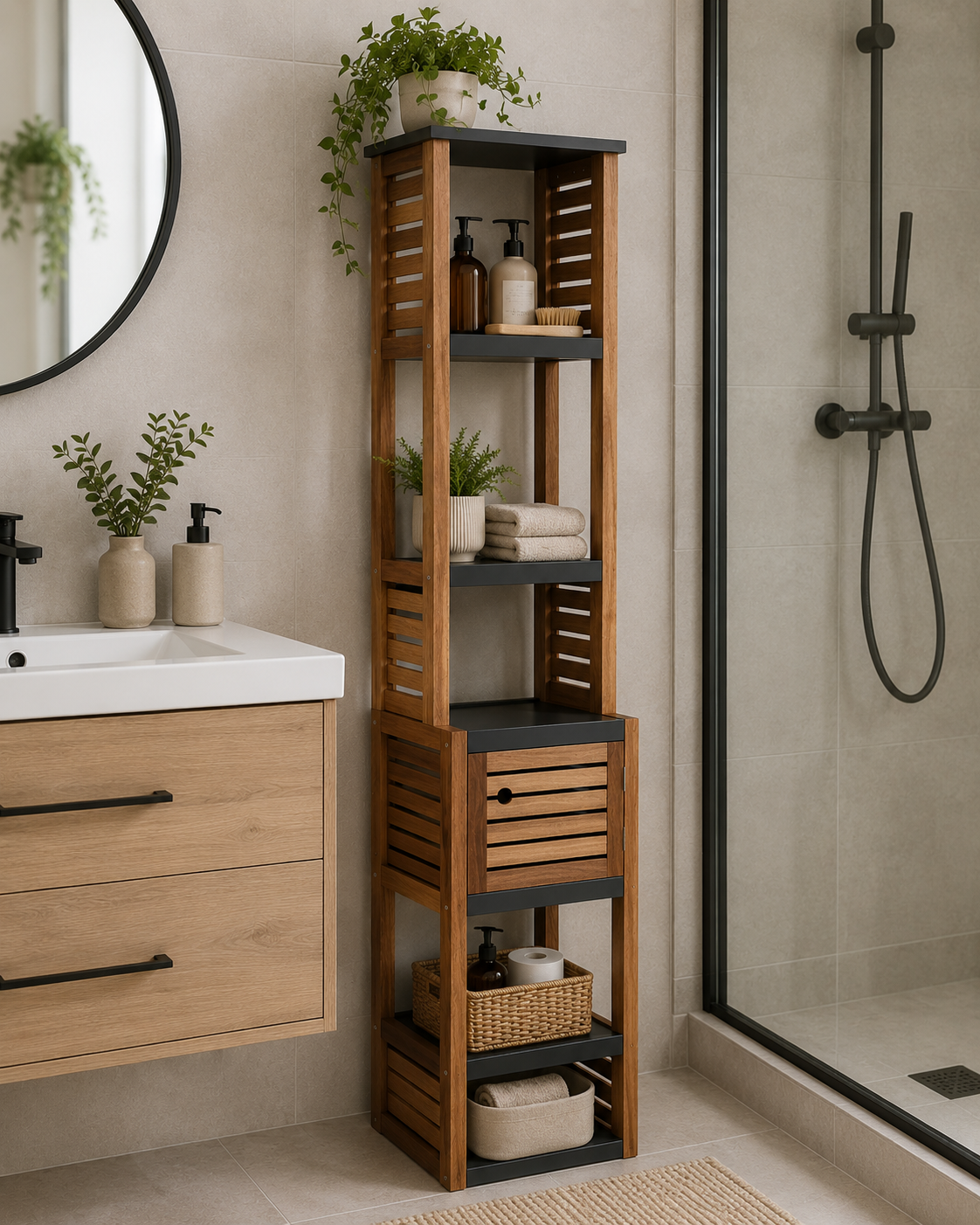 Έπιπλο MDF/Ακακία με 1 Ντουλαπάκι και 5 Ράφια Αποθήκευσης Γκρι/Καφέ 38.5x30x170cm MRShome