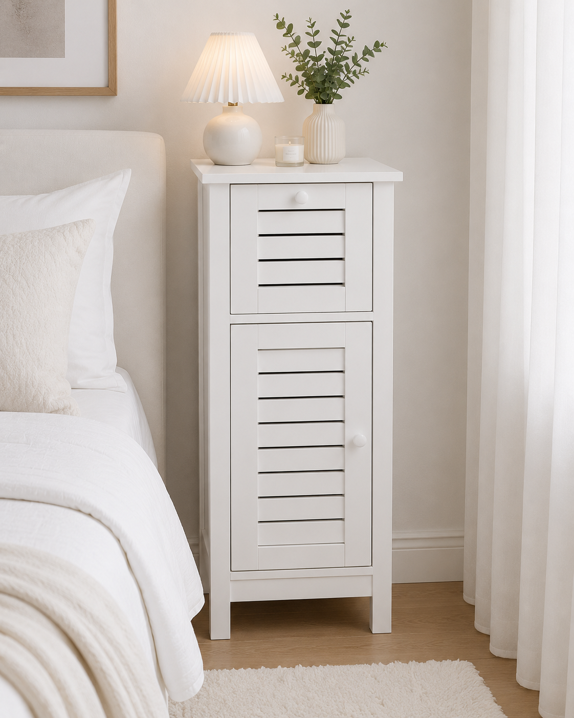 Έπιπλο MDF/Βελανιδιά με 1 Συρτάρι και 1 Ντουλάπι με Ράφι στο Εσωτερικό 36,5x30x83cm Λευκό MRShome