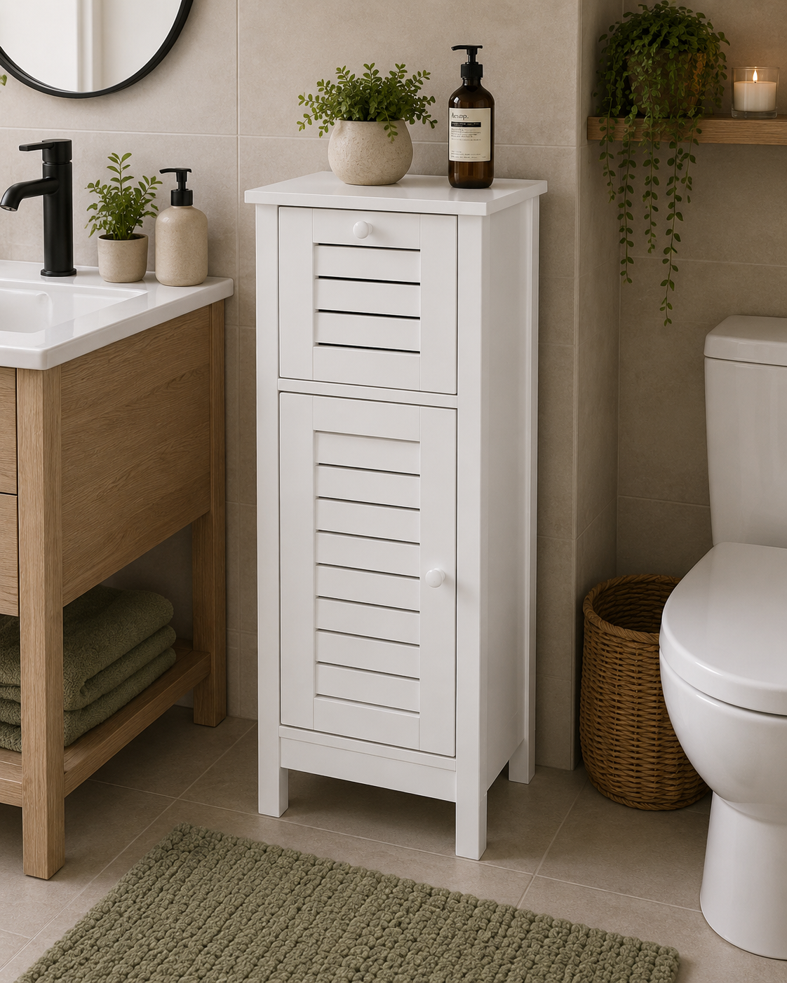 Έπιπλο MDF/Βελανιδιά με 1 Συρτάρι και 1 Ντουλάπι με Ράφι στο Εσωτερικό 36,5x30x83cm Λευκό MRShome