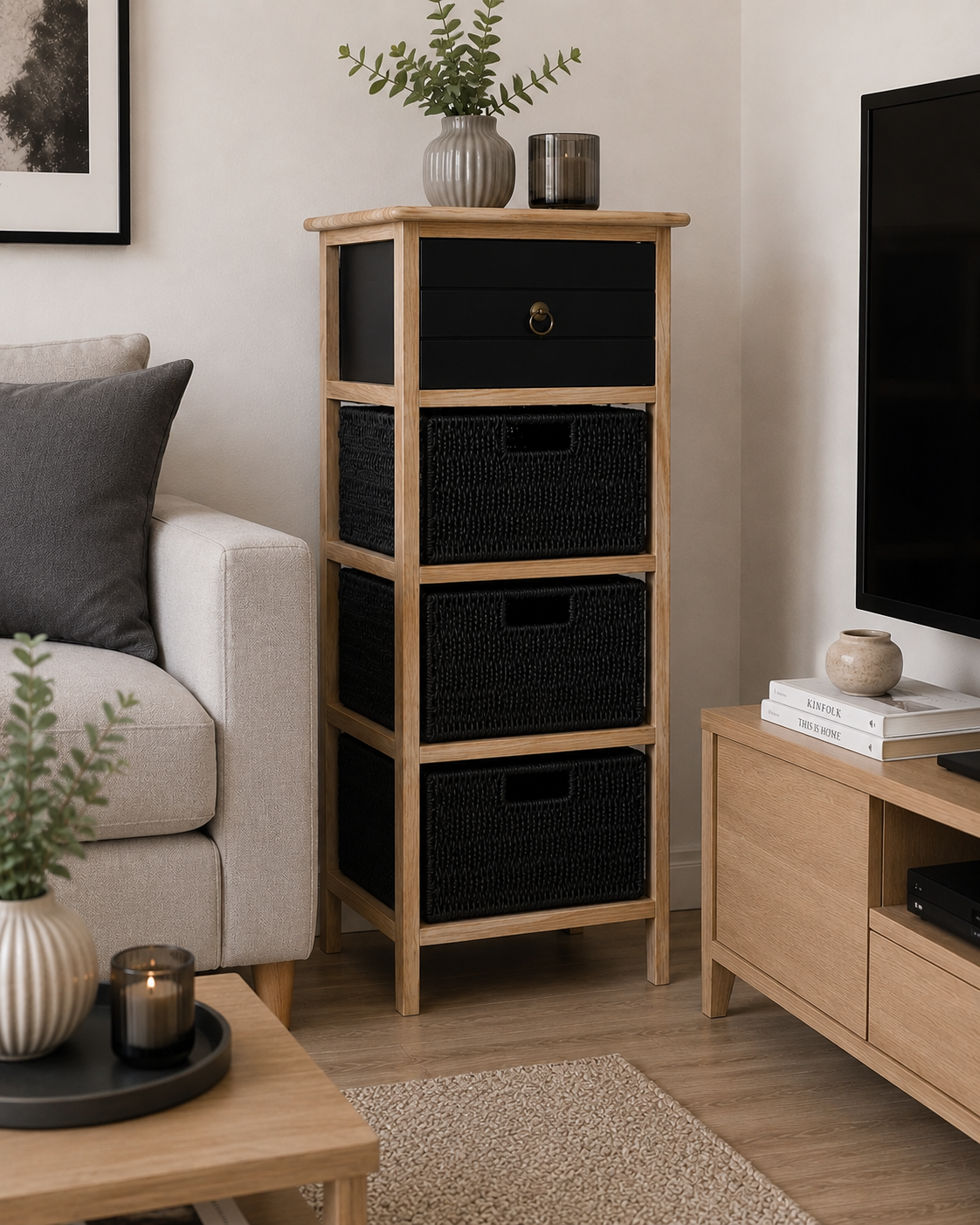 Έπιπλο MDF με 1 Ράφι και 3 Συρτάρια 37.5x27.5x86cm Μαύρο MRShome
