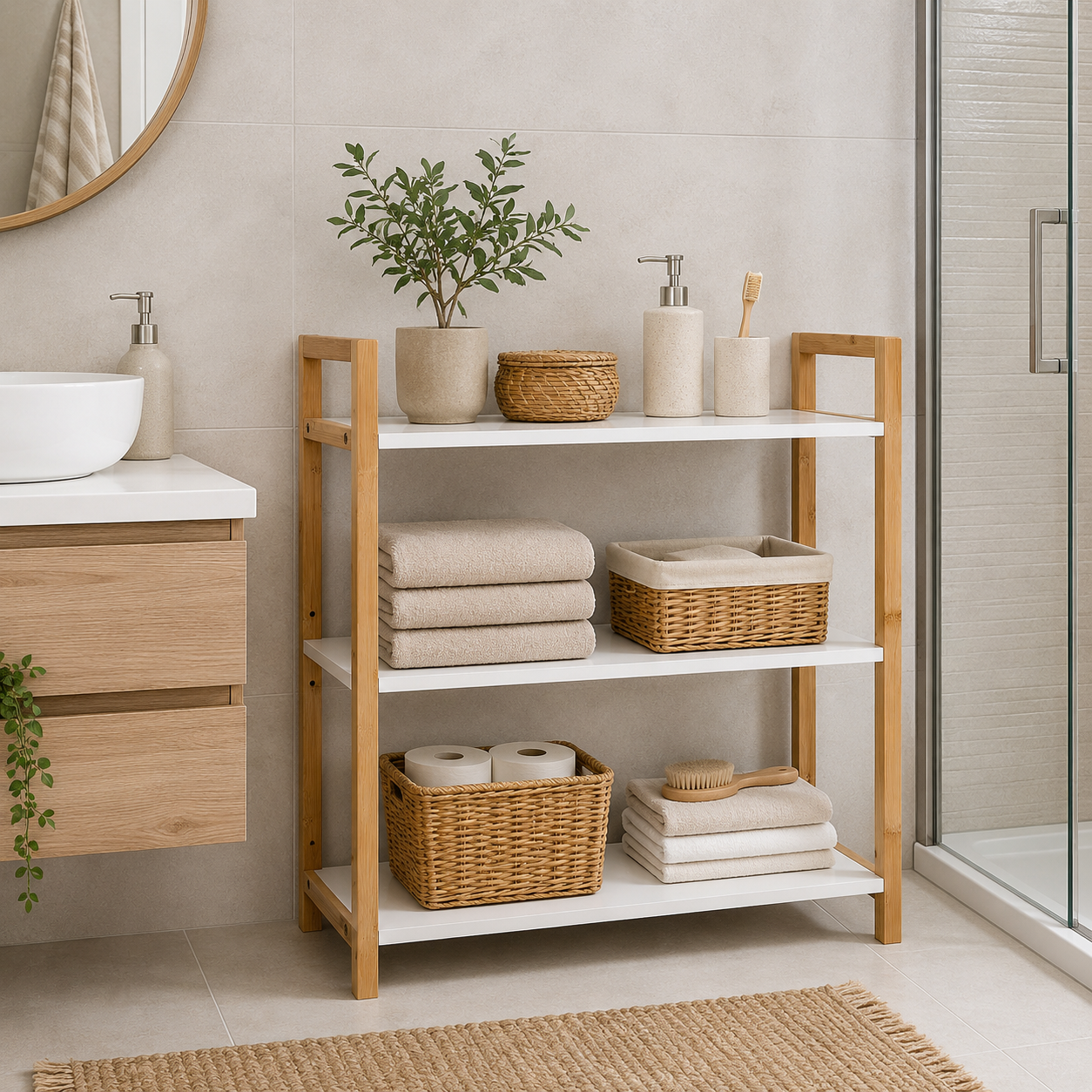 Έπιπλο από Bamboo με 3 Ράφια MDF Καφέ/Λευκό 64x20x53cm MRShome