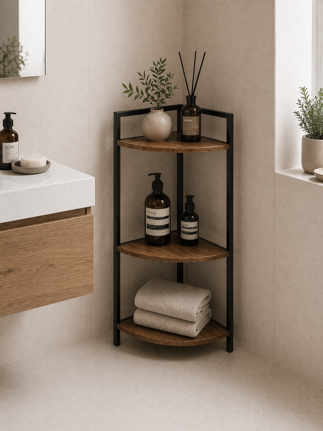 Γωνιακή Ραφιέρα με 3 Ράφια Iron/MDF 23.5x23.5x76cm MRShome