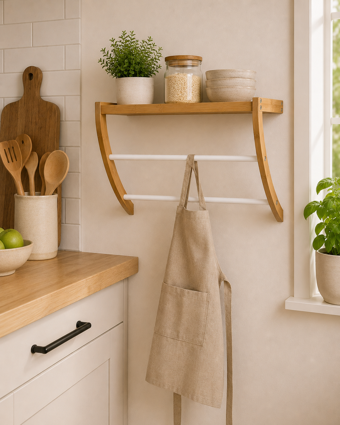 Κρεμάστρα Τοίχου με Ράφι Bamboo 45x20x34cm Μπεζ/Λευκή MRShome