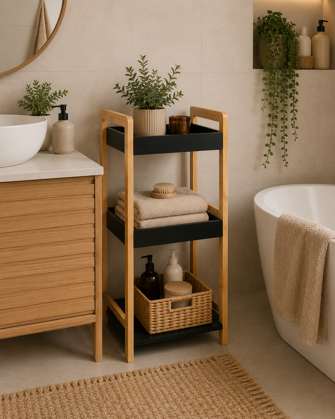Ραφιέρα 3 θέσεων Bamboo/MDF Μπεζ/Μαύρη 33x33x80cm MRShome