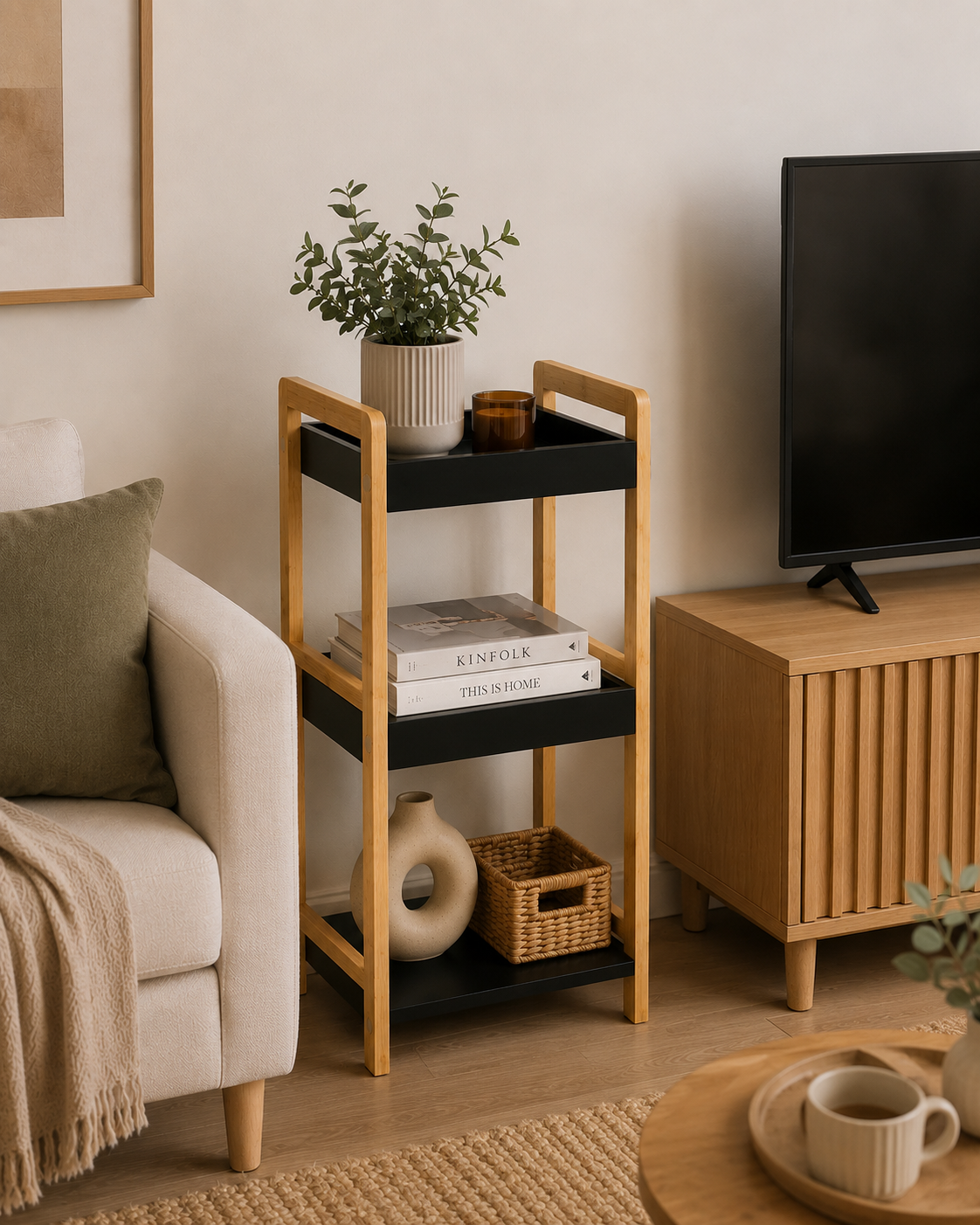 Ραφιέρα 3 θέσεων Bamboo/MDF Μπεζ/Μαύρη 33x33x80cm MRShome