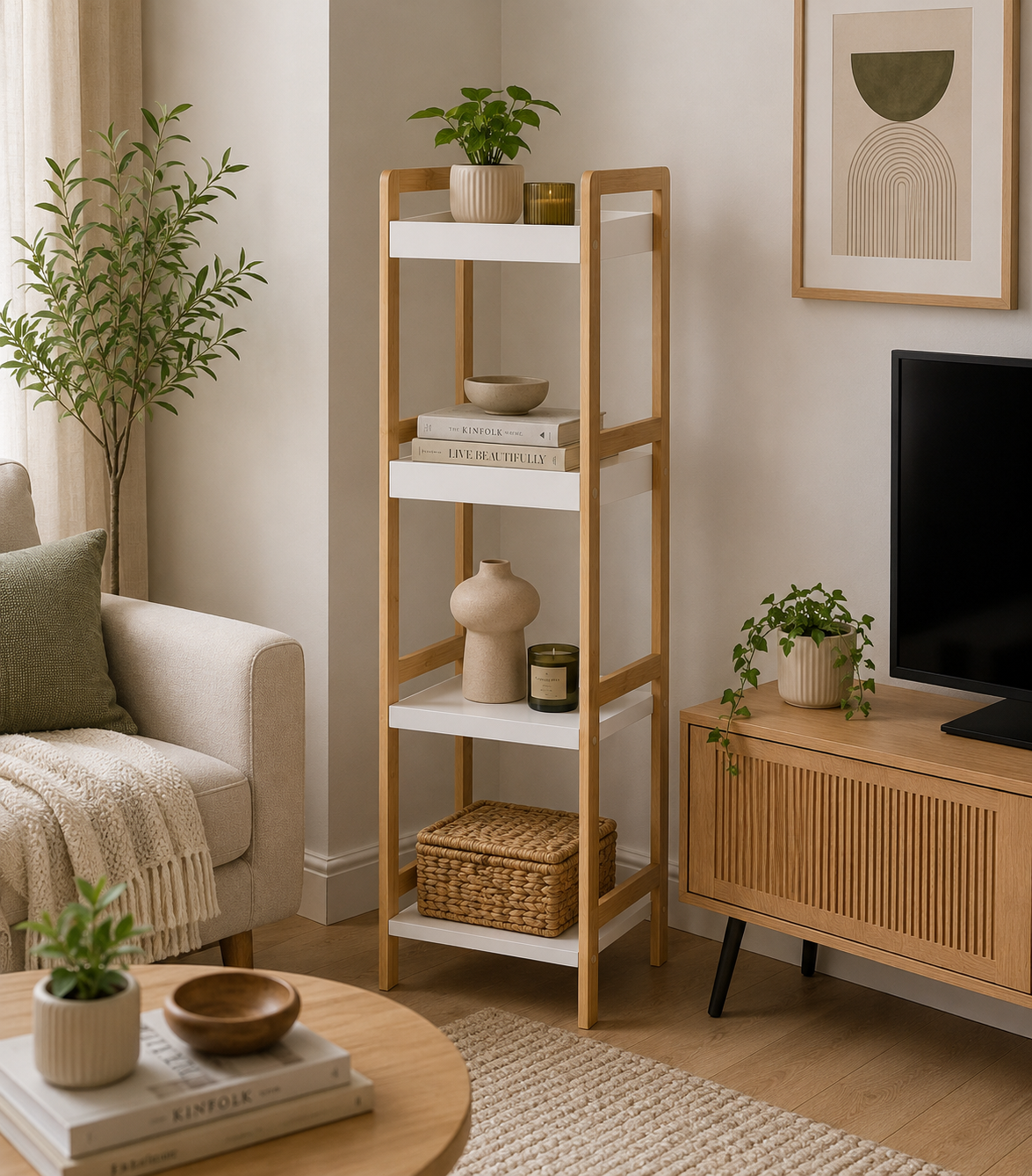 Ραφιέρα 4 θέσεων Bamboo/MDF Μπεζ/Λευκή 34x33x110cm MRShome
