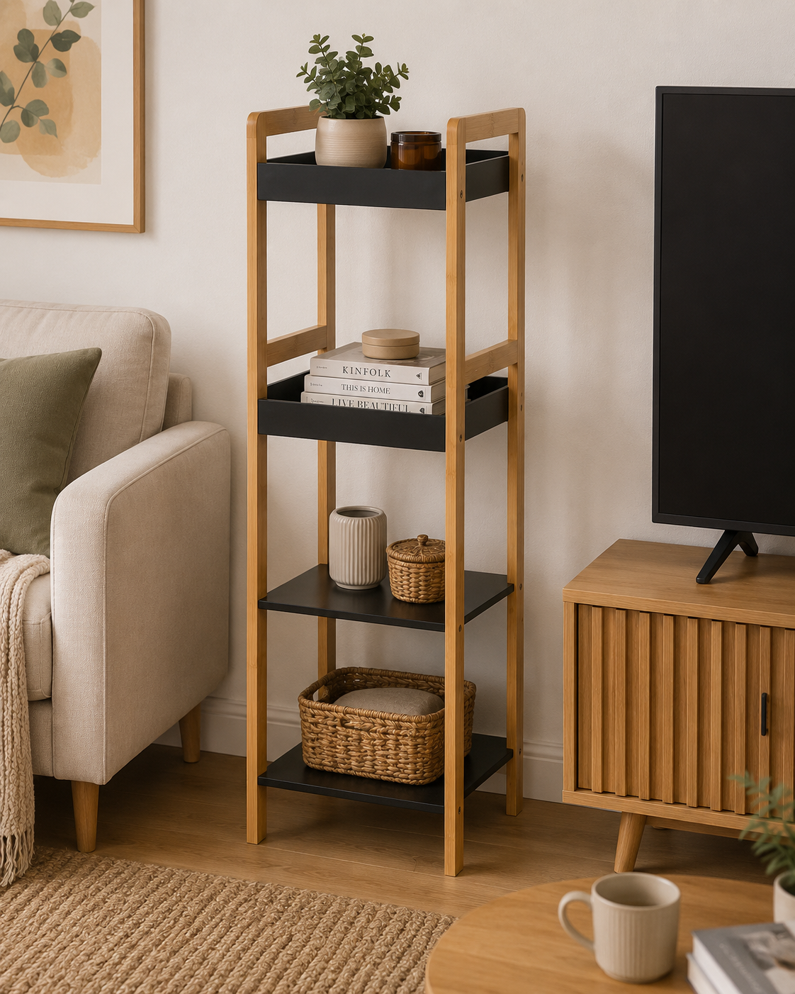 Ραφιέρα 4 θέσεων Bamboo/MDF Μπεζ/Μαύρη 34x33x110cm MRShome