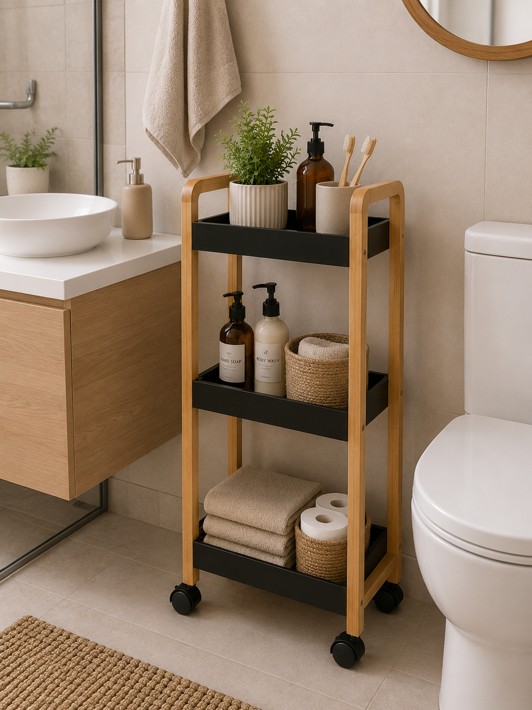 Ραφιέρα Bamboo/MDF με 3 Ράφια Φυσική/Μαύρη με Ροδάκια 28.5x21x79cm MRShome