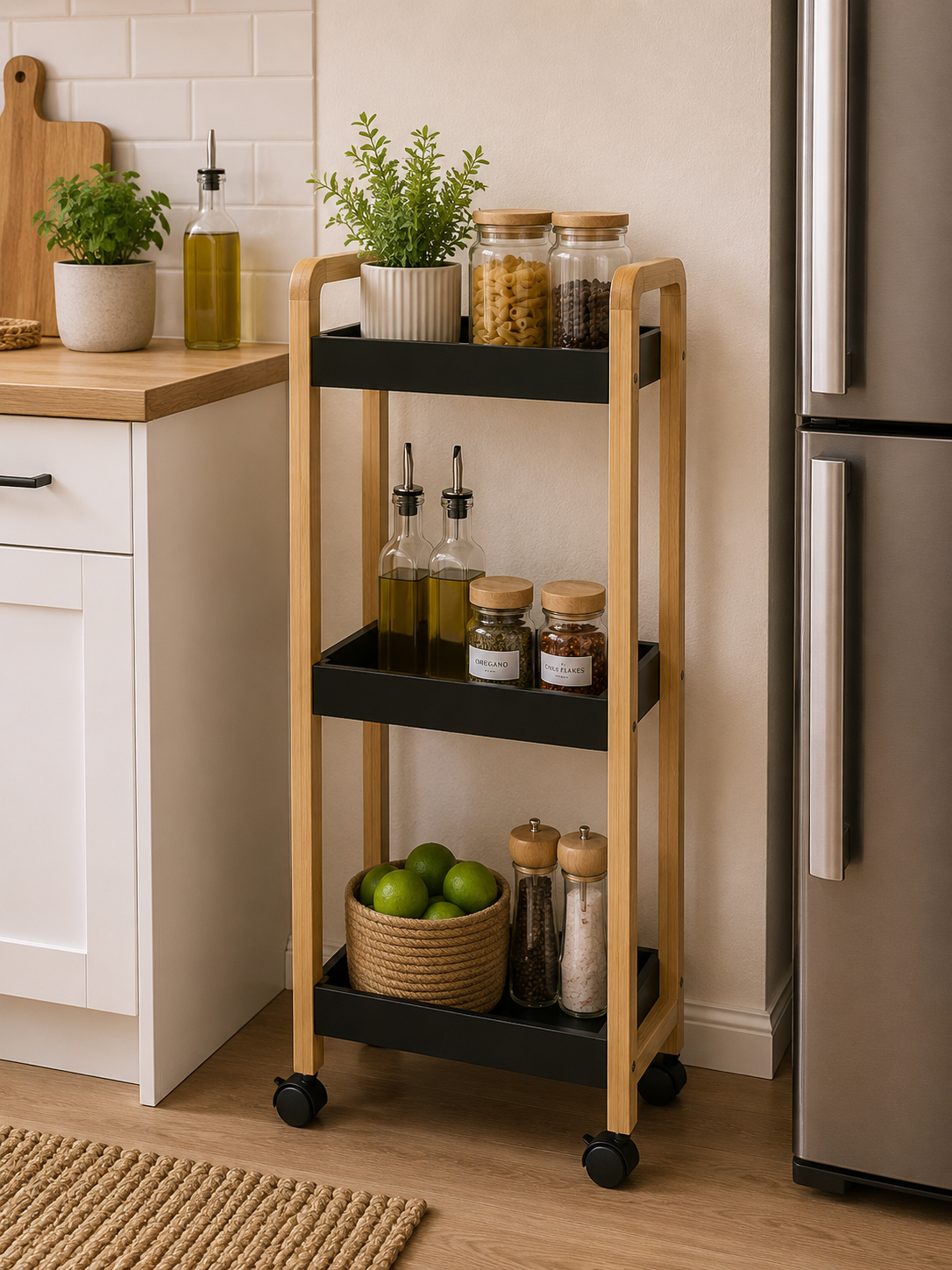 Ραφιέρα Bamboo/MDF με 3 Ράφια Φυσική/Μαύρη με Ροδάκια 28.5x21x79cm MRShome