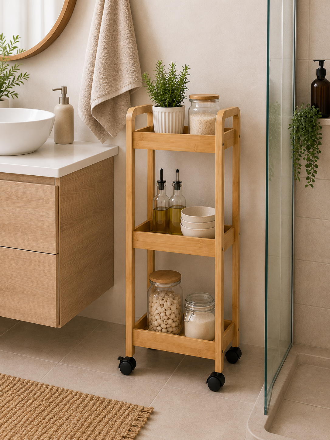 Ραφιέρα Bamboo/MDF με 3 Ράφια Φυσική με Ροδάκια 28.5x21x79cm MRShome