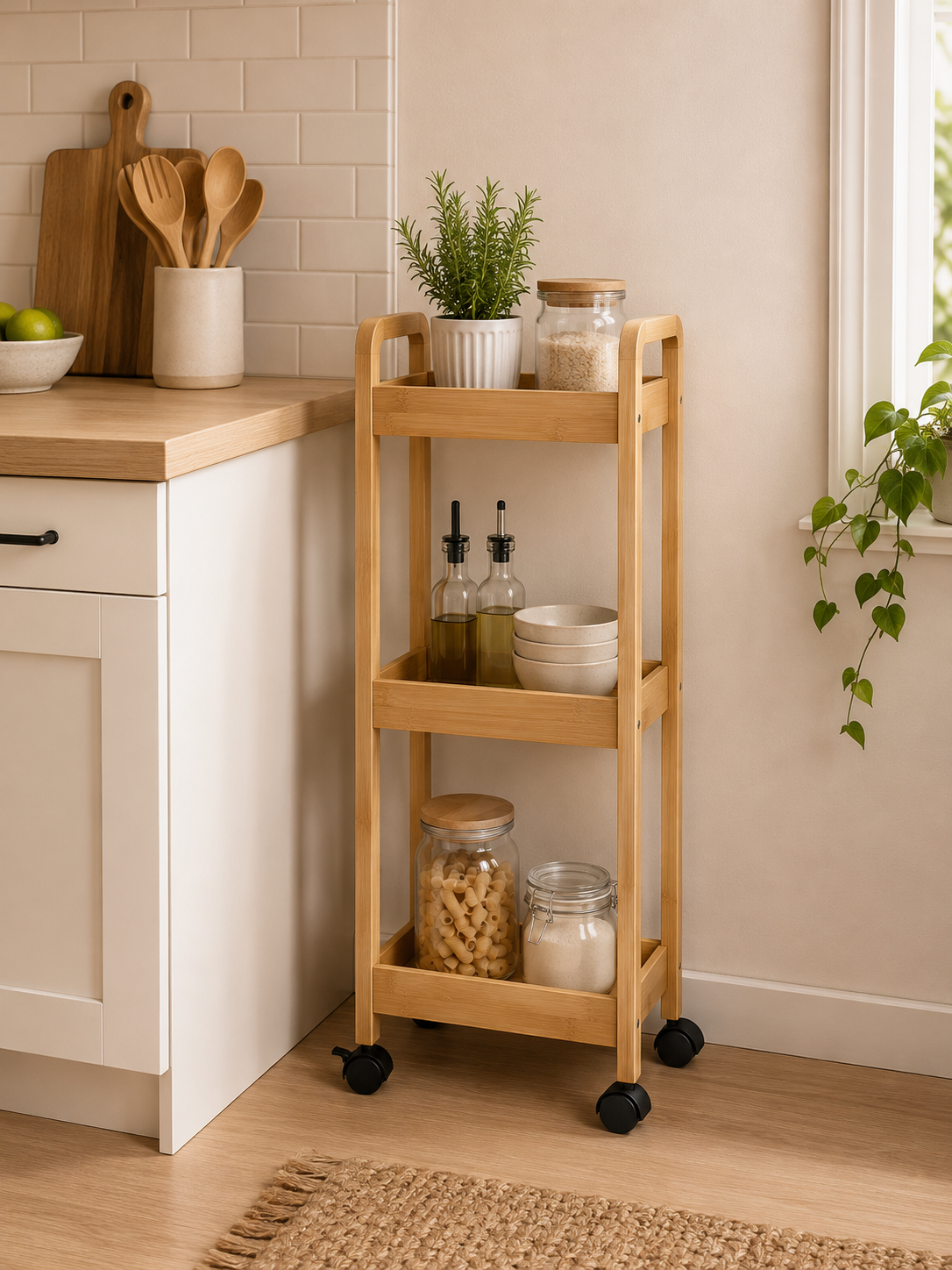 Ραφιέρα Bamboo/MDF με 3 Ράφια Φυσική με Ροδάκια 28.5x21x79cm MRShome