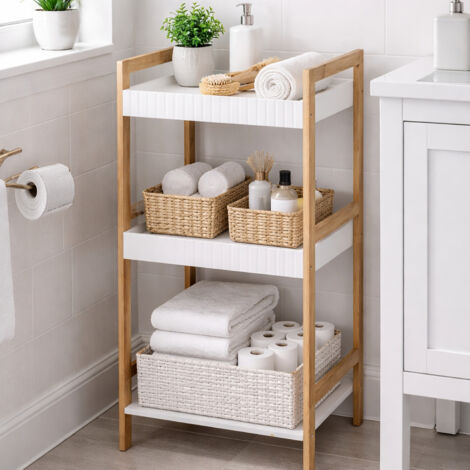 Ραφιέρα Μπάνιου Με 3 Ράφια Από Bamboo &amp; MDF Natural-White MRShome
