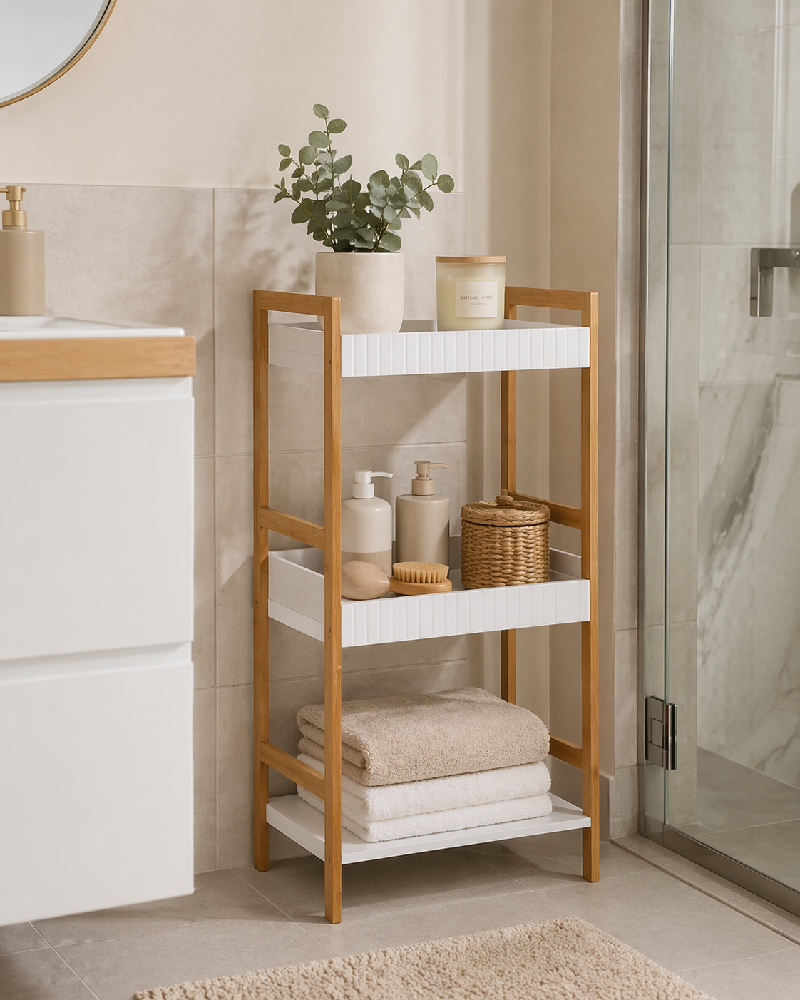 Ραφιέρα Μπάνιου Με 3 Ράφια Από Bamboo &amp; MDF Natural-White MRShome