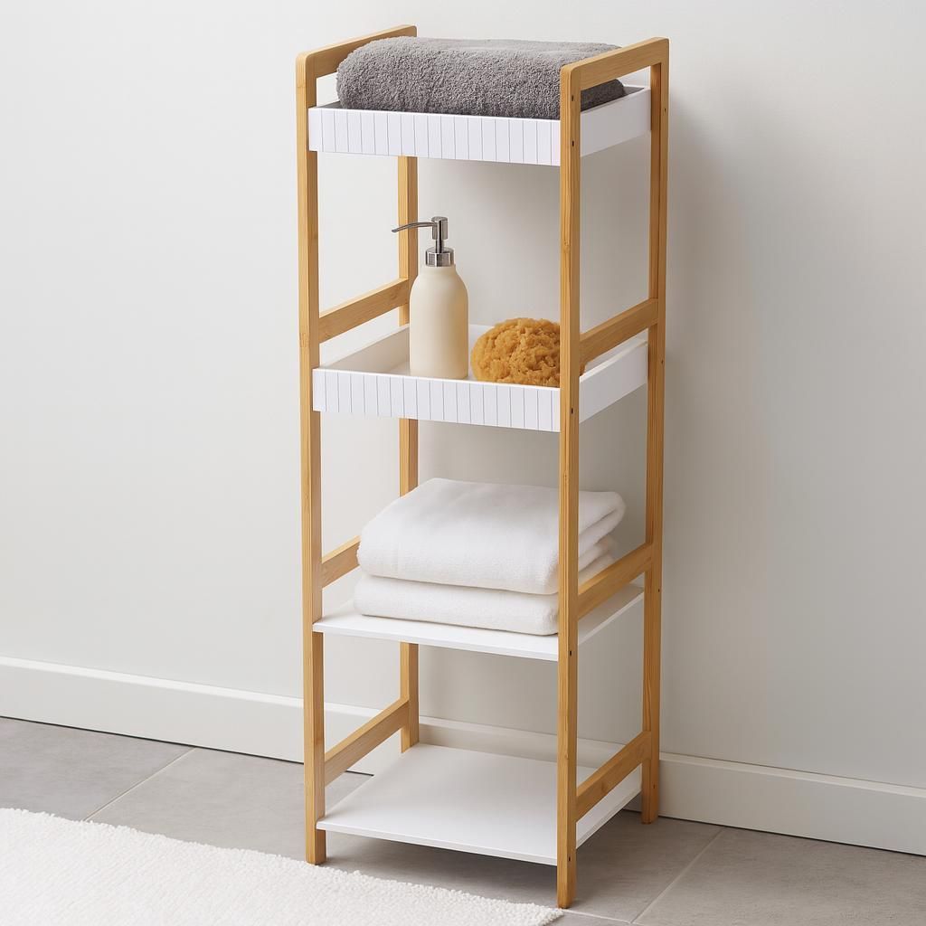 Ραφιέρα Μπάνιου με 4 Ράφια από Bamboo & MDF Natural/White MRShome