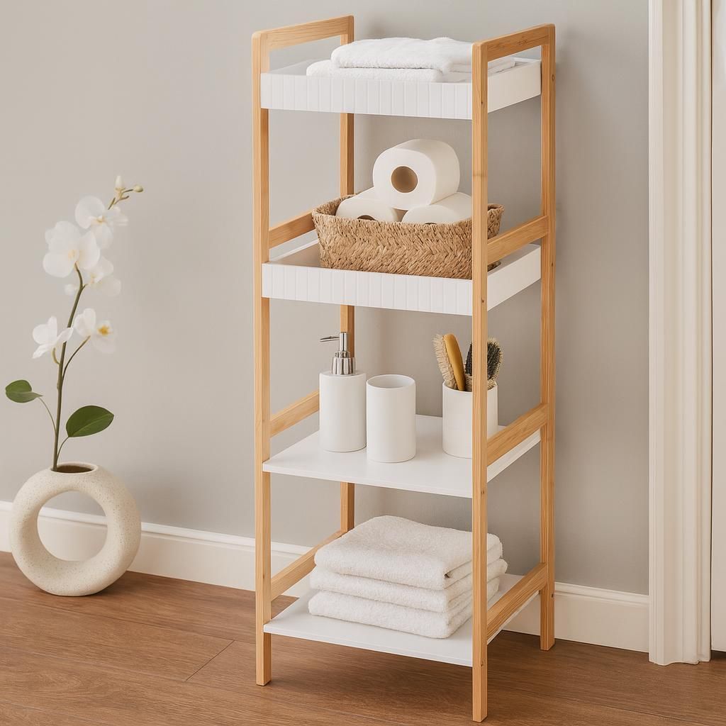 Ραφιέρα Μπάνιου με 4 Ράφια από Bamboo & MDF Natural/White MRShome