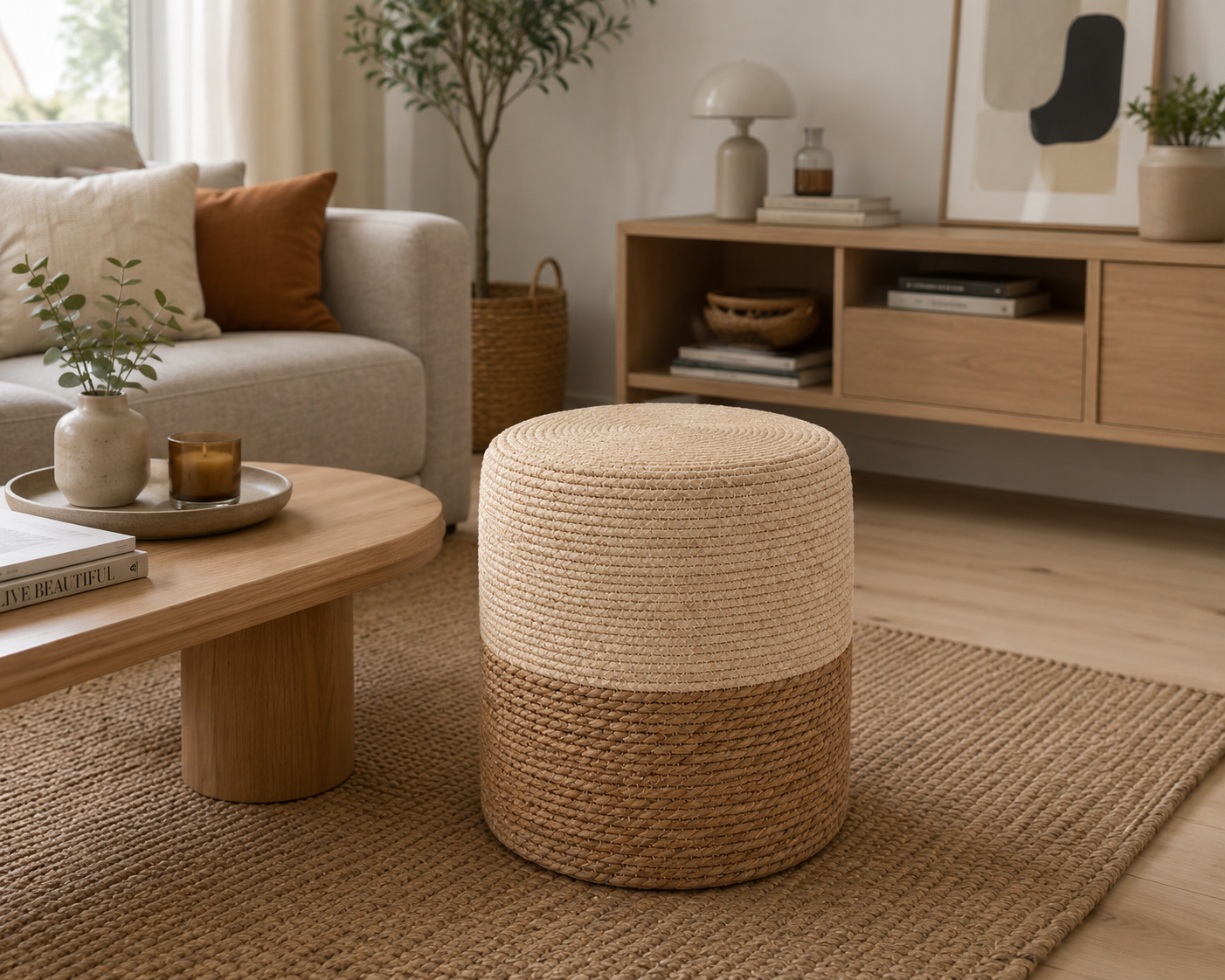 Σκαμπώ Πουφ Ξύλινο Bamboo Λευκό/Μπεζ Φ34x36cm MRShome