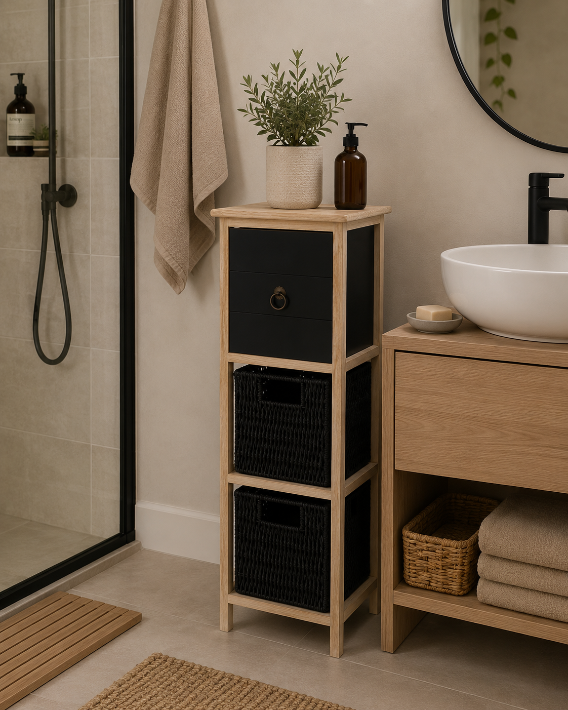 Συρταριέρα MDF με 3 Συρτάρια 25x25x77cm Φυσική/Μαύρη MRShome