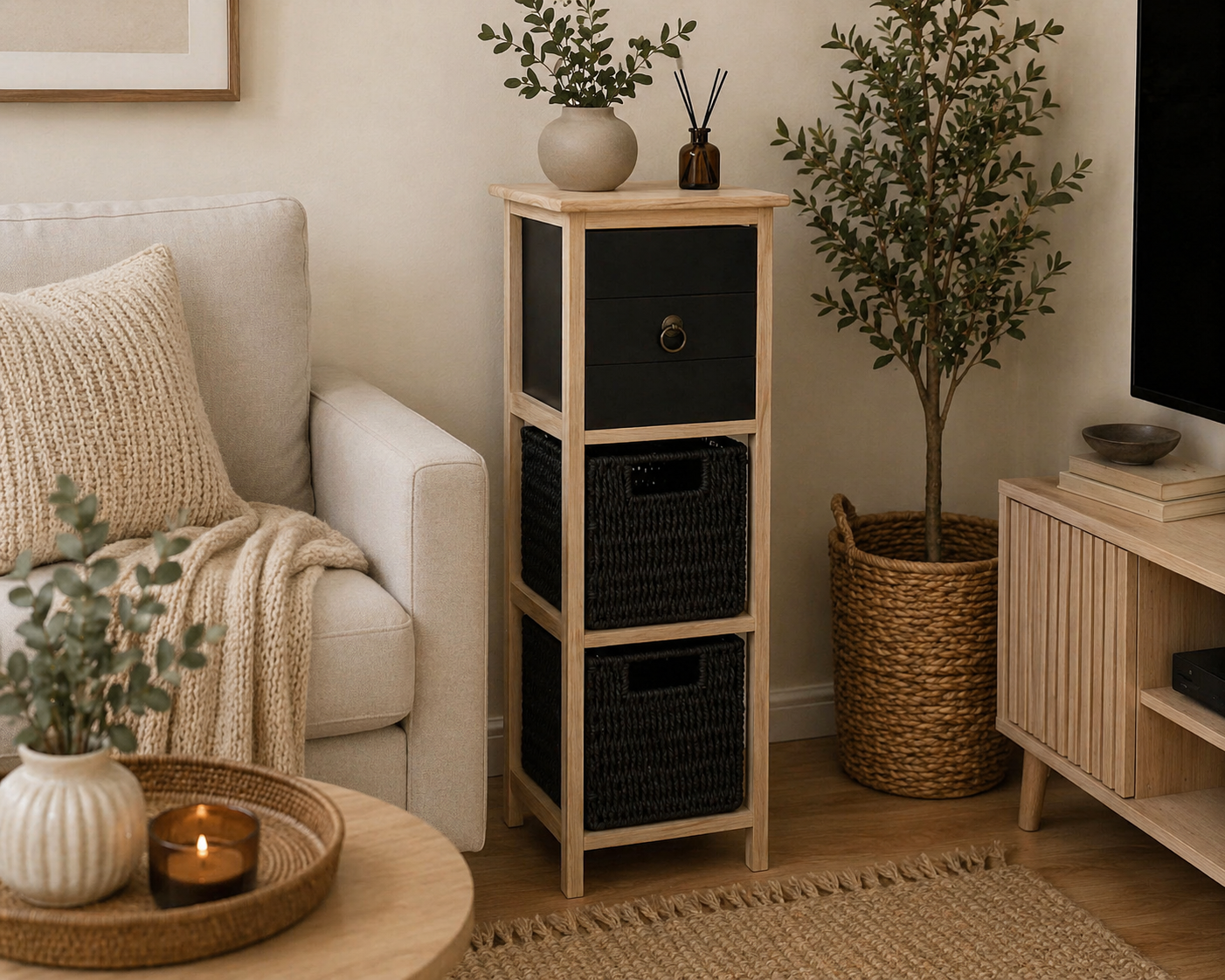 Συρταριέρα MDF με 3 Συρτάρια 25x25x77cm Φυσική/Μαύρη MRShome