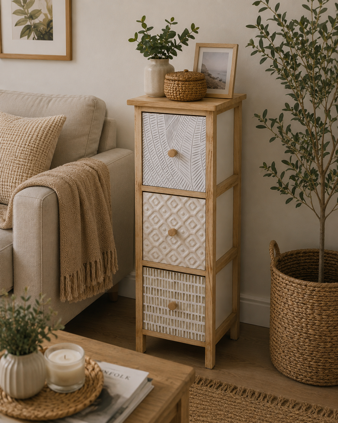 Συρταριέρα MDF με 3 Συρτάρια 25x25x77cm Φυσική με Σχέδια MRShome