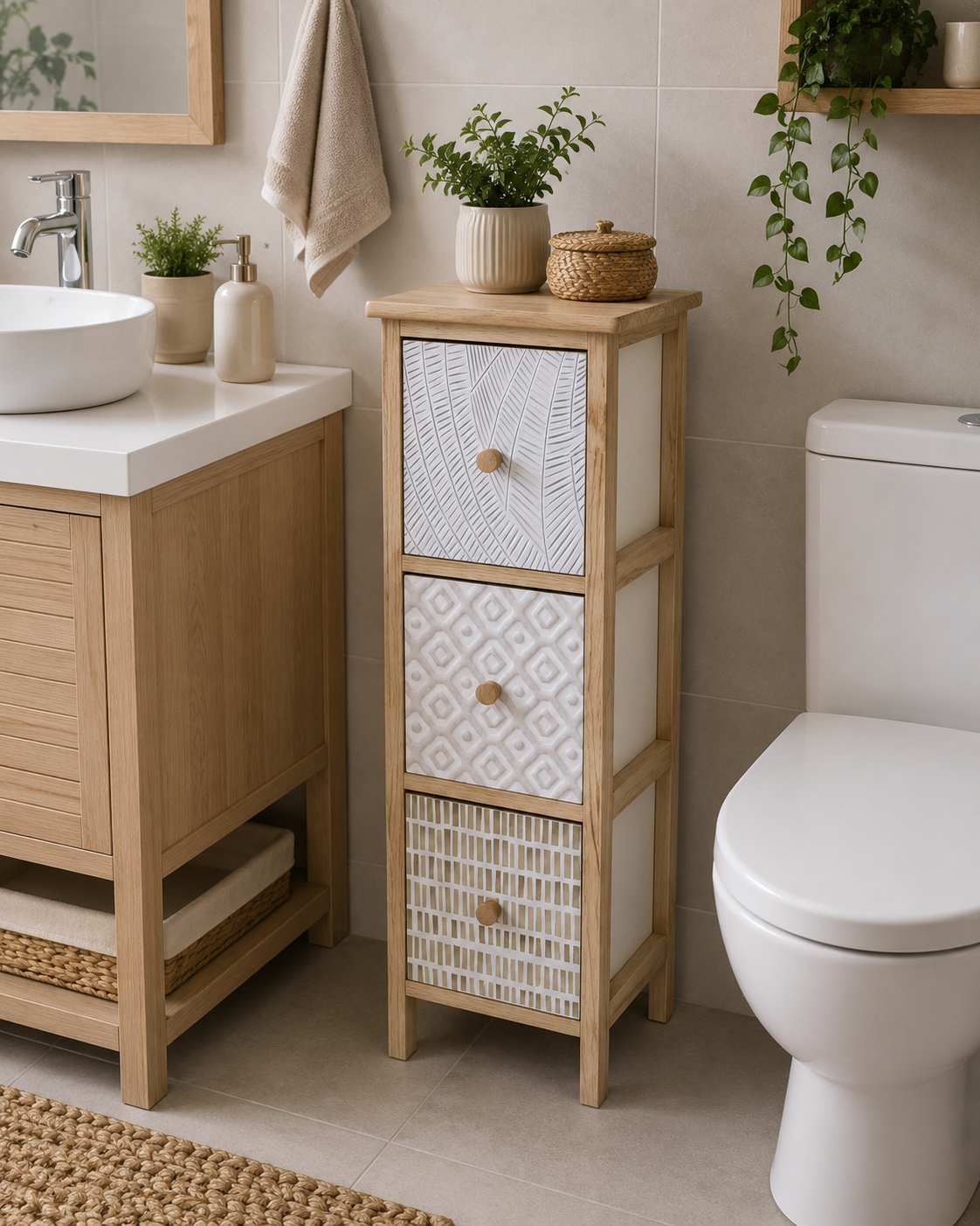 Συρταριέρα MDF με 3 Συρτάρια 25x25x77cm Φυσική με Σχέδια MRShome