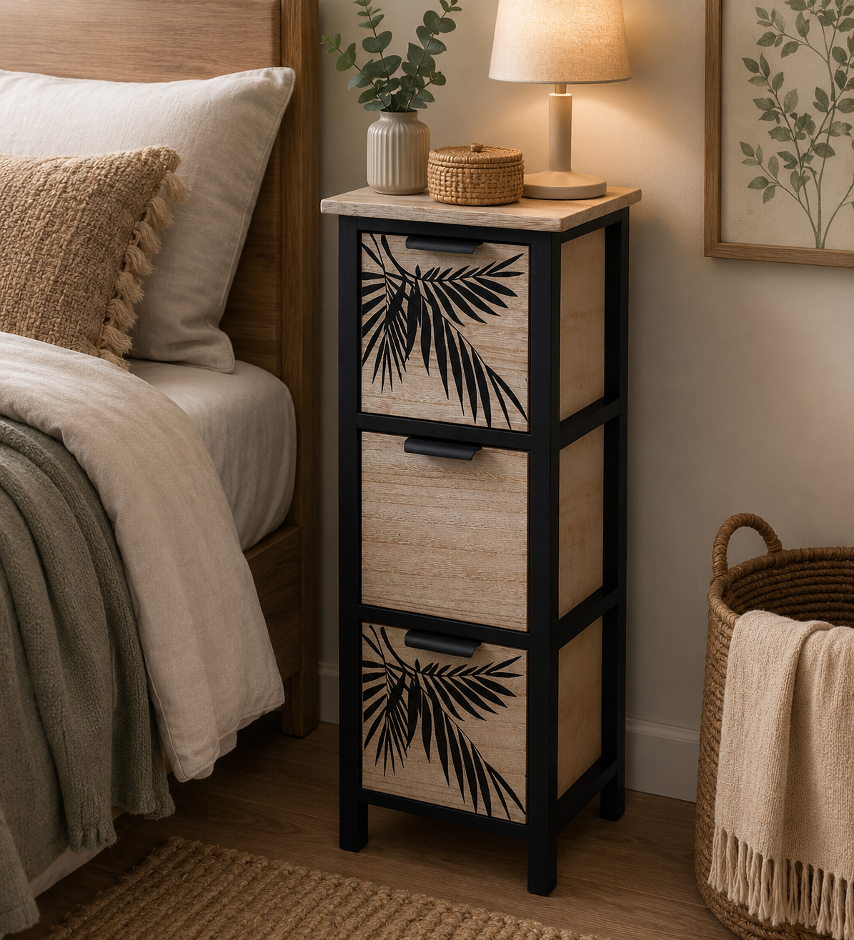 Συρταριέρα MDF με 3 Συρτάρια 25x25x77cm Μπεζ/Μαύρη με Σχέδιο MRShome
