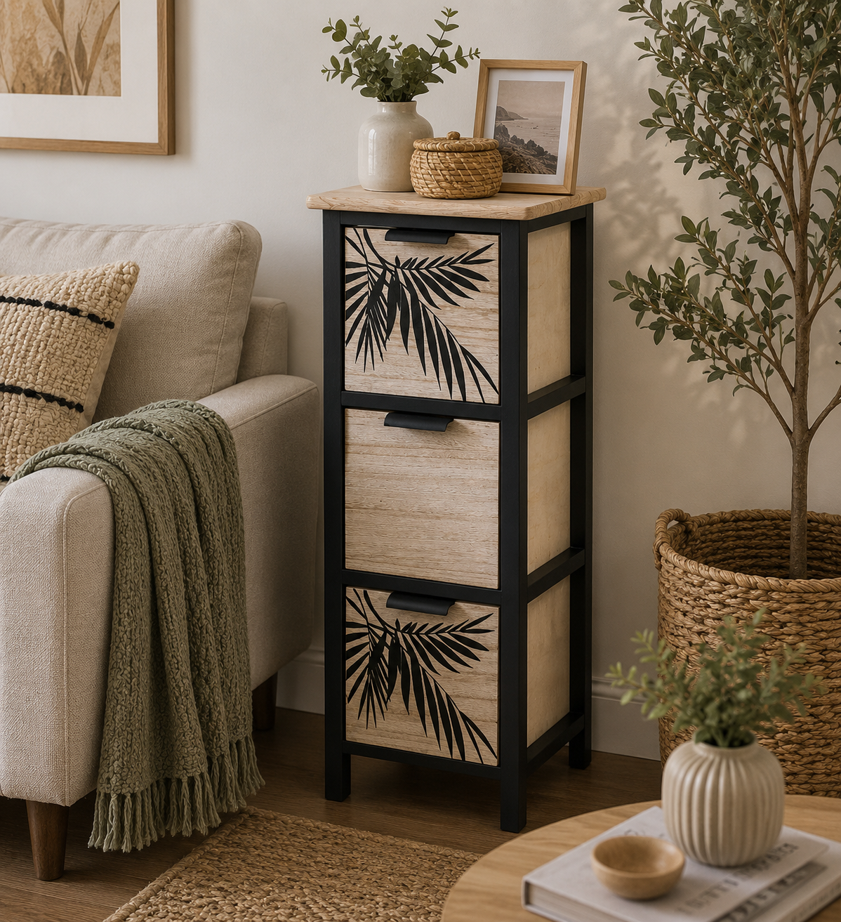 Συρταριέρα MDF με 3 Συρτάρια 25x25x77cm Μπεζ/Μαύρη με Σχέδιο MRShome