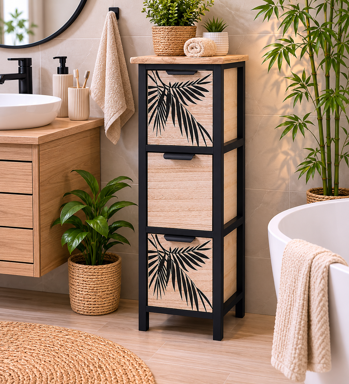 Συρταριέρα MDF με 3 Συρτάρια 25x25x77cm Μπεζ/Μαύρη με Σχέδιο MRShome