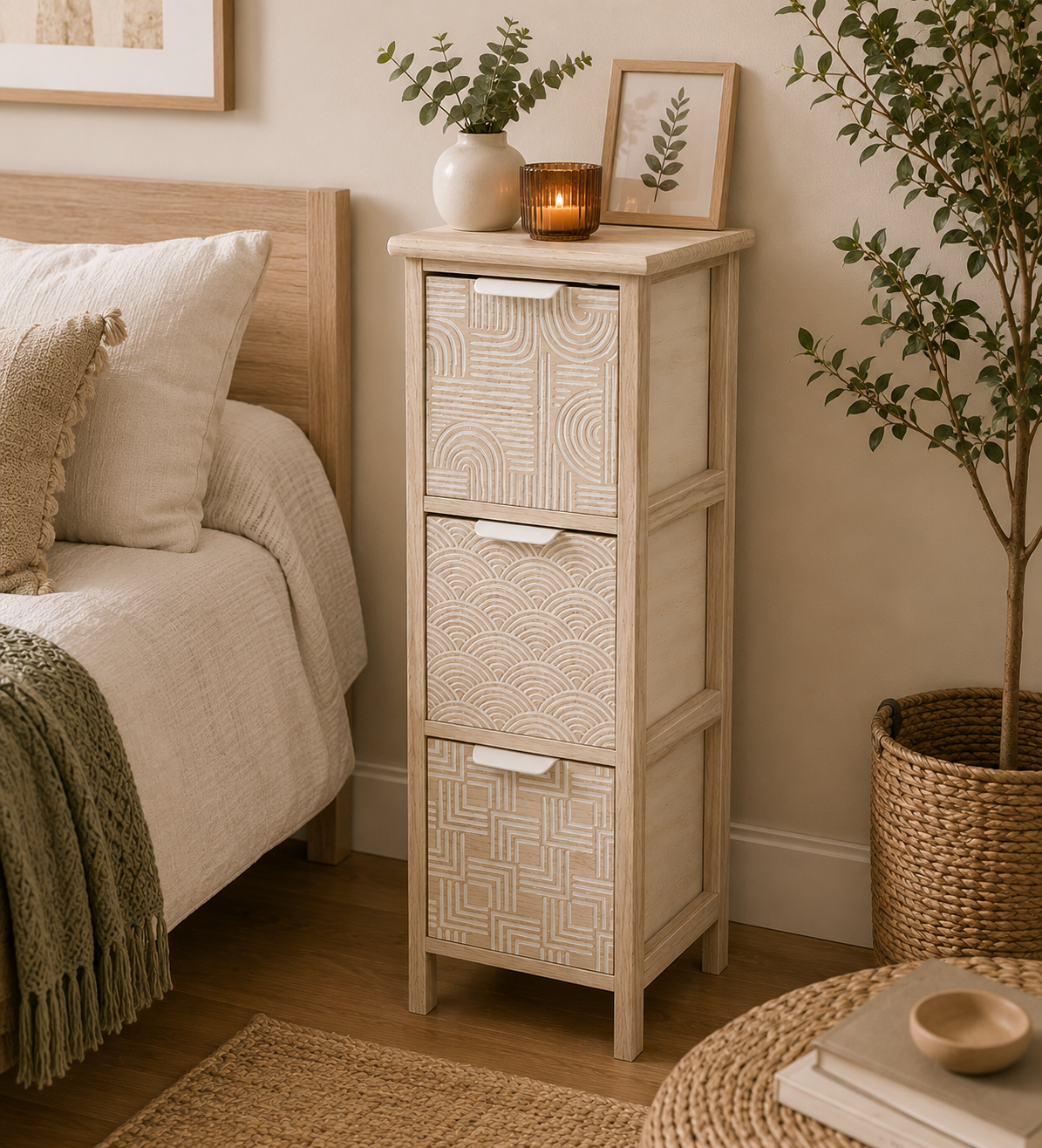 Συρταριέρα MDF με 3 Συρτάρια 25x25x77cm Μπεζ με Σχέδια MRShome