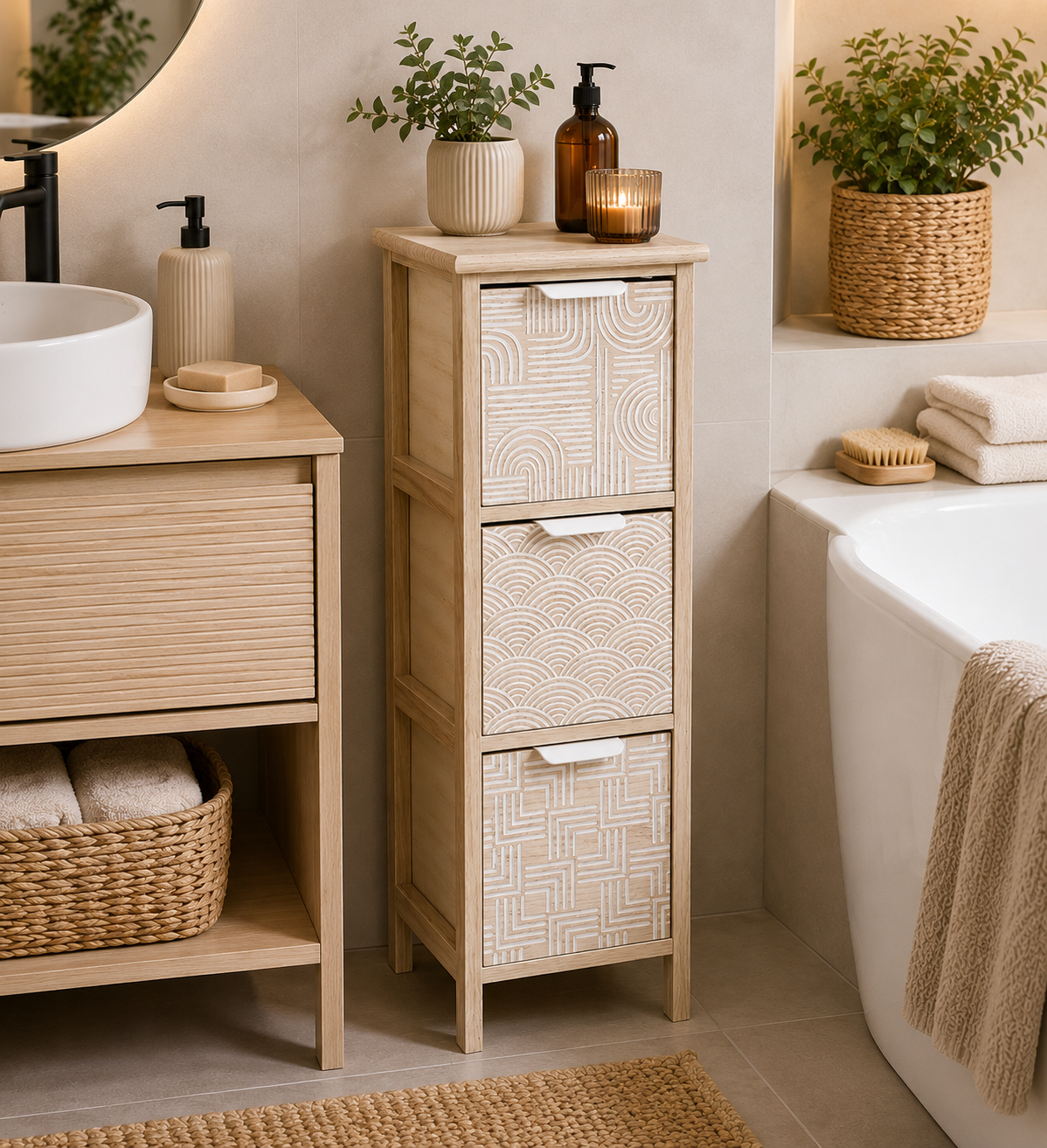 Συρταριέρα MDF με 3 Συρτάρια 25x25x77cm Μπεζ με Σχέδια MRShome